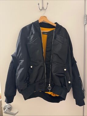 Men's Black Bomber Jacket with Mustard Quilted Lining